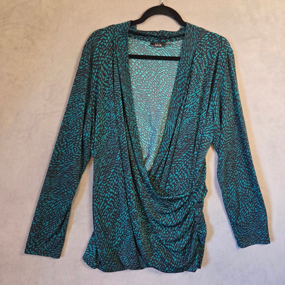 Faux Wrap Ruched Top Women's 1X Teal Green Animal Print Office Feminine